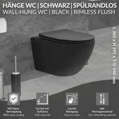 Wand-WC Hänge Toilette aus Keramik Matt Schwarz 54 cm lang Spülrandlos mit Nanoversiegelung & Softclose Luxebath-ECD Germany Sale