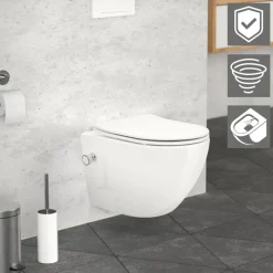 Wand-WC Hänge Toilette aus Keramik 49 cm lang Spülrandlos mit Bidet, Nanoversiegelung & Softclose Luxebath-ECD Germany New