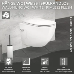 Wand-WC Hänge Toilette aus Keramik 49 cm lang Spülrandlos mit Bidet, Nanoversiegelung & Softclose Luxebath-ECD Germany Sale