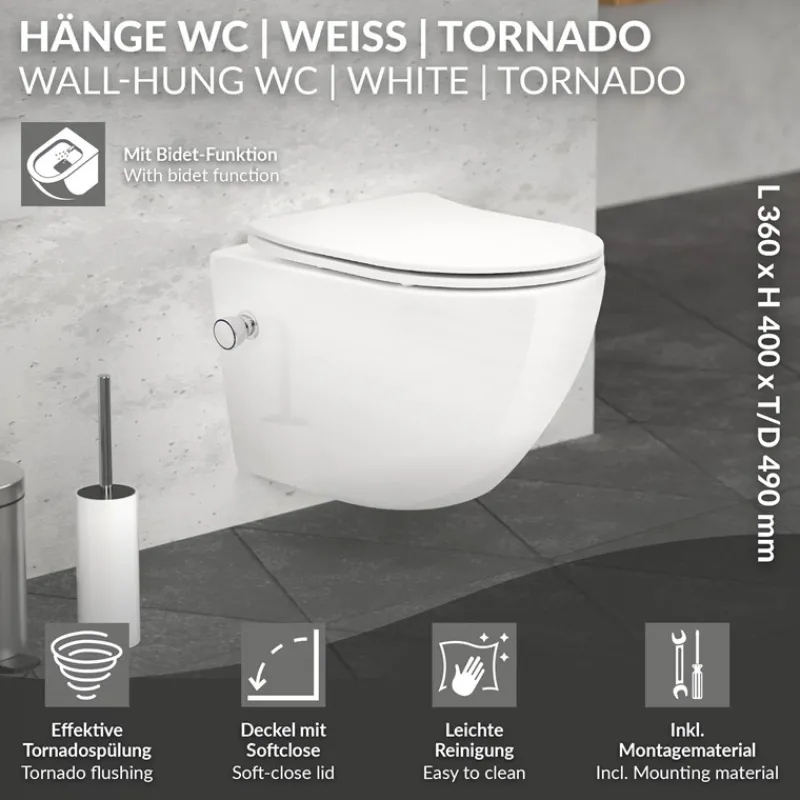 Wand-WC Hänge Toilette aus Keramik 49cm lang Spülrandlos mit Bidet & Softclose Luxebath-ECD Germany Sale