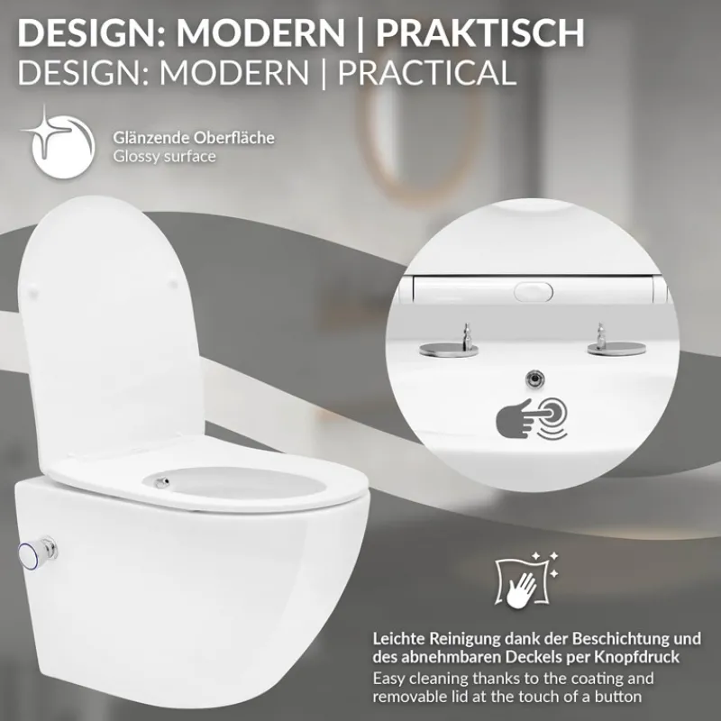 Wand-WC Hänge Toilette aus Keramik 49cm lang Spülrandlos mit Bidet & Softclose Luxebath-ECD Germany Sale