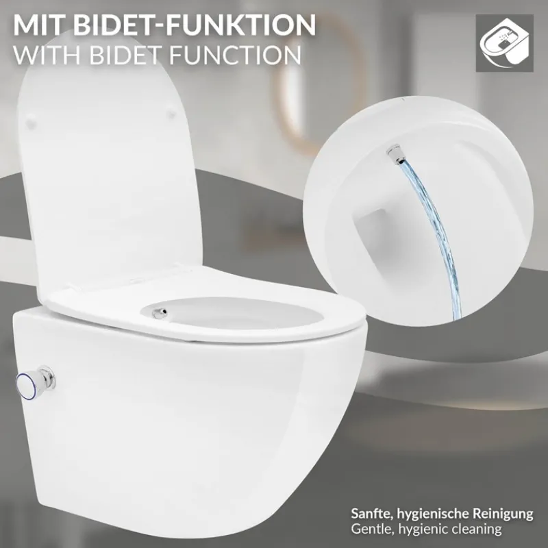 Wand-WC Hänge Toilette aus Keramik 49cm lang Spülrandlos mit Bidet & Softclose Luxebath-ECD Germany Sale