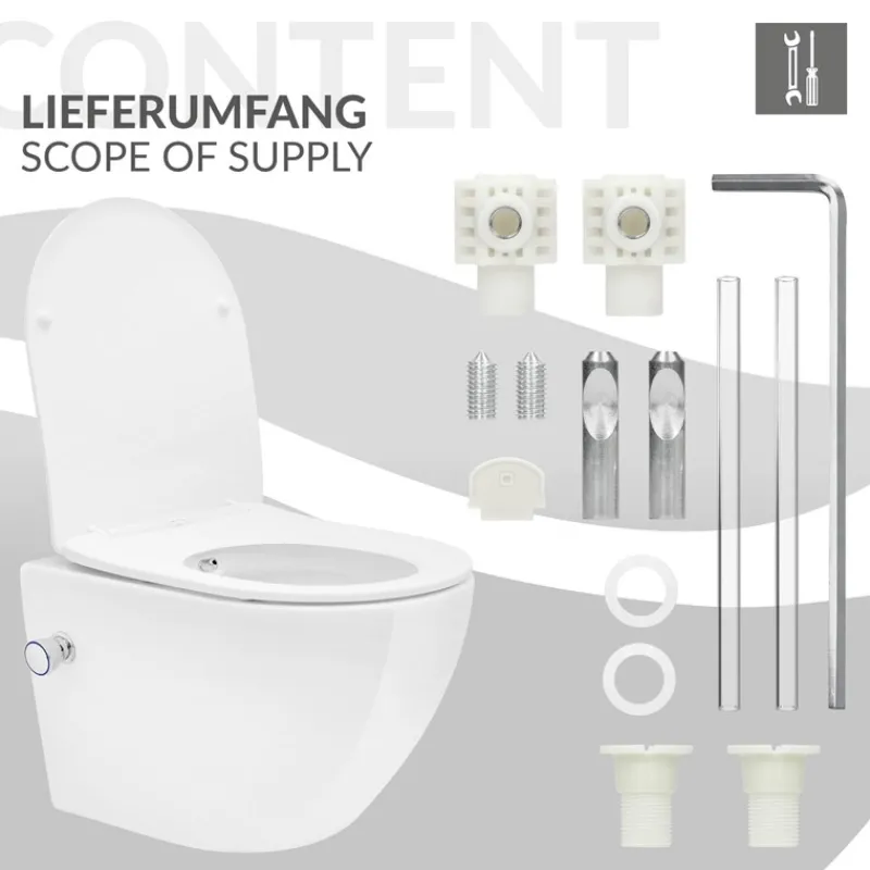 Wand-WC Hänge Toilette aus Keramik 49cm lang Spülrandlos mit Bidet & Softclose Luxebath-ECD Germany Sale