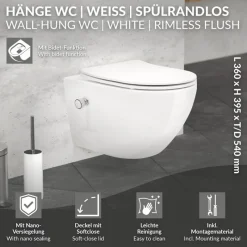 Wand-WC Hänge Toilette aus Keramik 54 cm lang Spülrandlos mit Bidet, Nanoversiegelung & Softclose Luxebath-ECD Germany Outlet