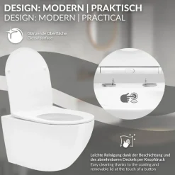 Wand-WC Hänge Toilette aus Keramik 52 cm Spülrandlos mit Softclose LuxeBath-ECD Germany Discount