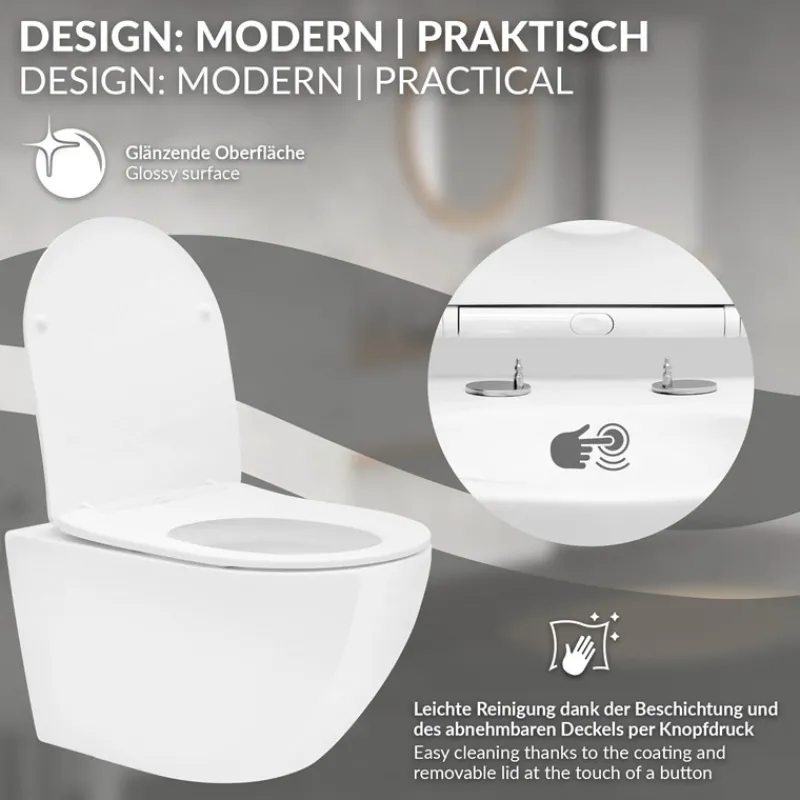 Wand-WC Hänge Toilette aus Keramik 52 cm Spülrandlos mit Softclose LuxeBath-ECD Germany Discount