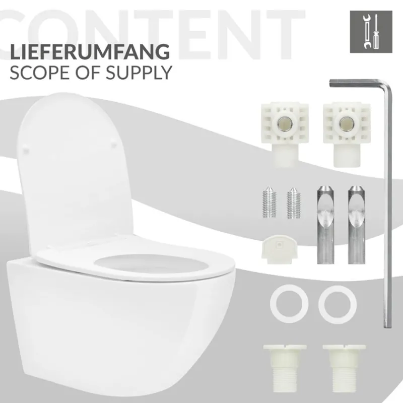 Wand-WC Hänge Toilette aus Keramik 52 cm Spülrandlos mit Softclose LuxeBath-ECD Germany Discount