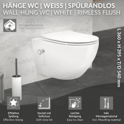 Wand-WC Hänge Toilette aus Keramik 54 cm lang Spülrandlos mit Bidet & Softclose LuxeBath-ECD Germany Outlet