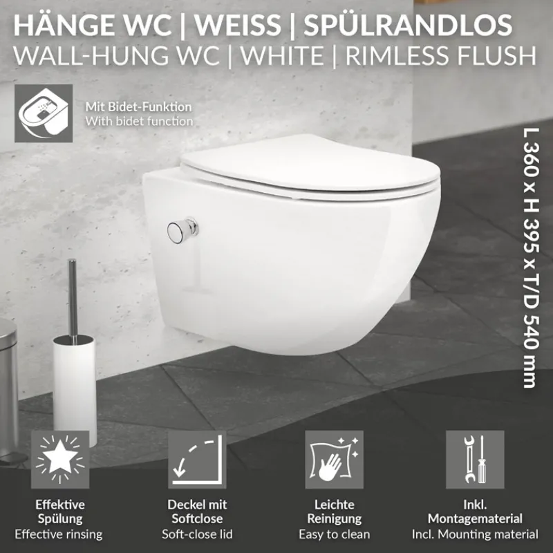 Wand-WC Hänge Toilette aus Keramik 54 cm lang Spülrandlos mit Bidet & Softclose LuxeBath-ECD Germany Outlet