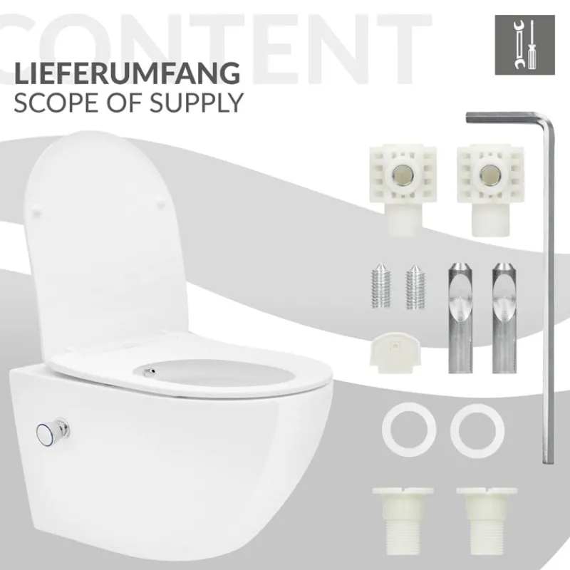 Wand-WC Hänge Toilette aus Keramik 54 cm lang Spülrandlos mit Bidet & Softclose LuxeBath-ECD Germany Outlet