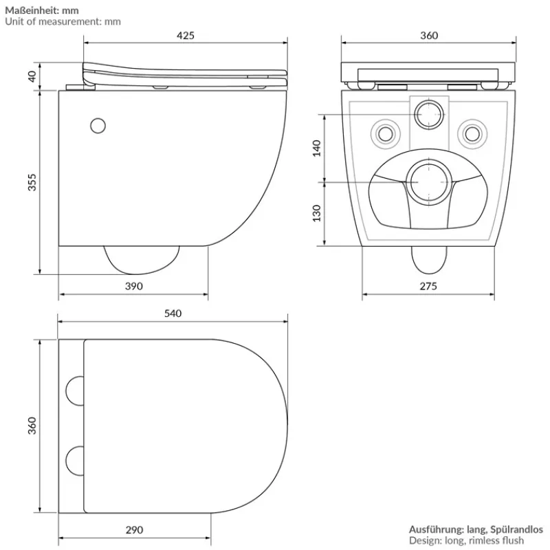 Wand-WC Hänge Toilette aus Keramik 54 cm lang Spülrandlos mit Bidet & Softclose LuxeBath-ECD Germany Outlet