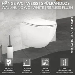 Wand-WC Hänge Toilette aus Keramik 49 cm lang Spülrandlos mit Nanoversiegelung & Softclose Luxebath-ECD Germany Sale