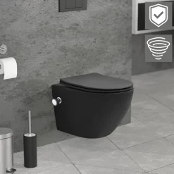 Wand-WC Hänge Toilette aus Keramik Matt Schwarz 49 cm lang Spülrandlos mit Bidet, Nanoversiegelung & Softclose Luxebath-ECD Germany Hot