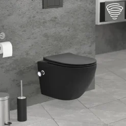 Wand-WC Hänge Toilette aus Keramik Matt Schwarz 49 cm lang Spülrandlos mit Bidet & Softclose Luxebath-ECD Germany Clearance