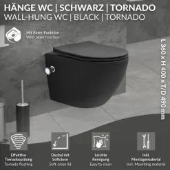 Wand-WC Hänge Toilette aus Keramik Matt Schwarz 49 cm lang Spülrandlos mit Bidet & Softclose Luxebath-ECD Germany Clearance