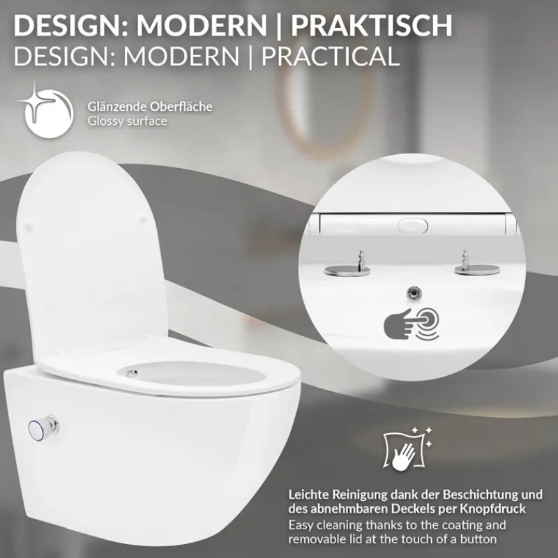 Wand-WC Hänge Toilette aus Keramik 54 cm lang Spülrandlos mit Bidet & Softclose Luxebath-ECD Germany Sale