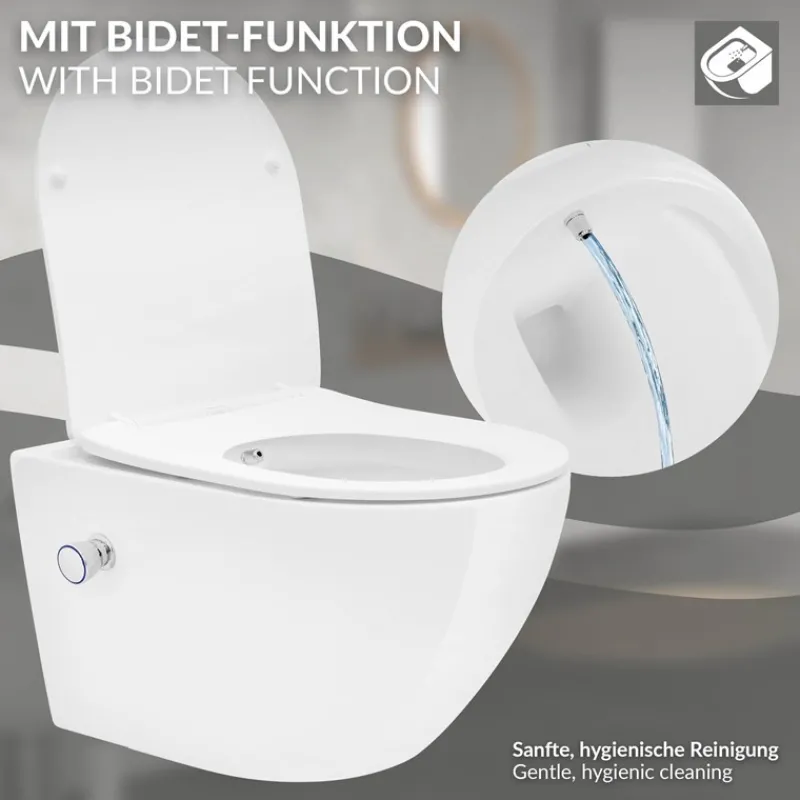 Wand-WC Hänge Toilette aus Keramik 54 cm lang Spülrandlos mit Bidet & Softclose Luxebath-ECD Germany Sale