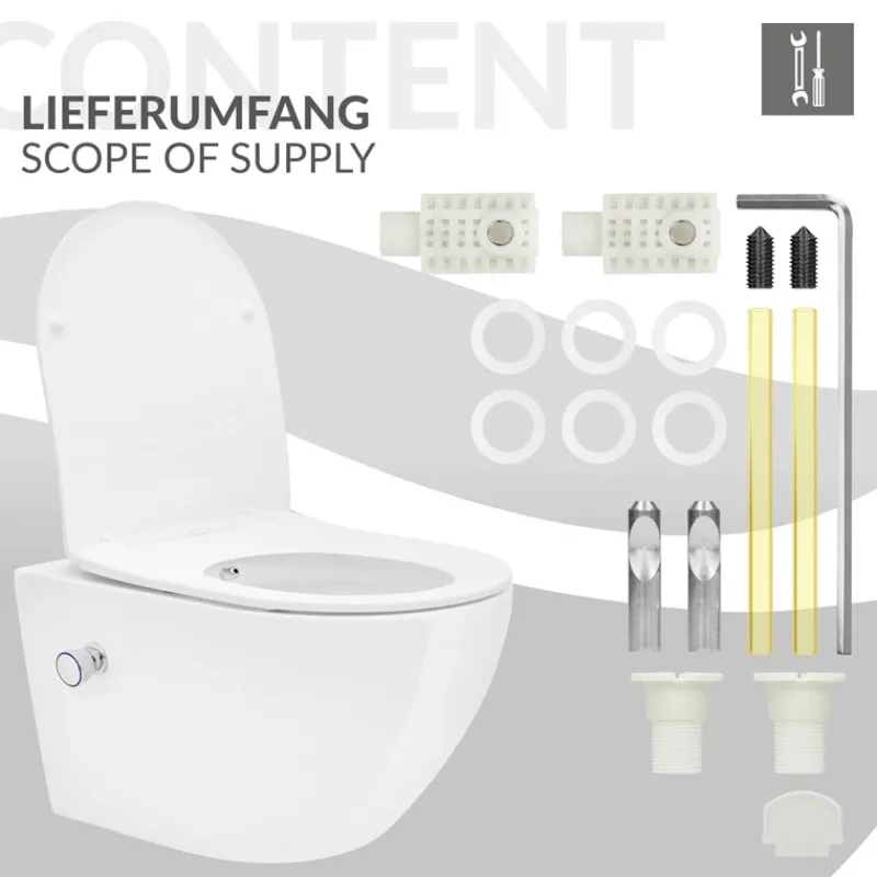 Wand-WC Hänge Toilette aus Keramik 54 cm lang Spülrandlos mit Bidet & Softclose Luxebath-ECD Germany Sale