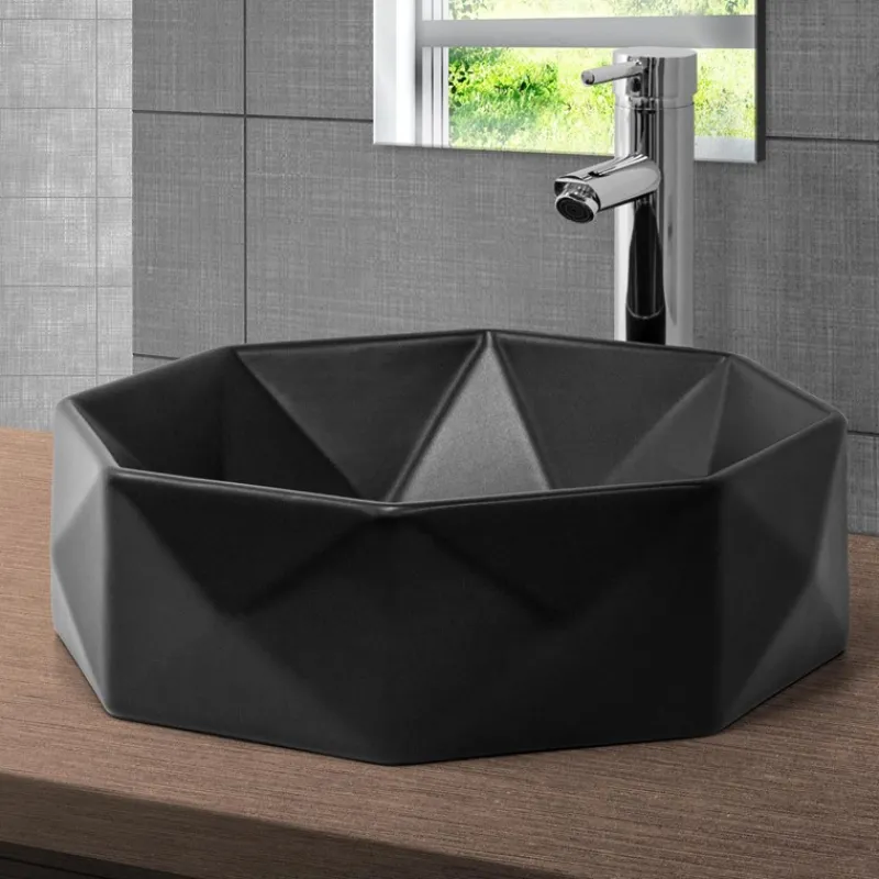 Waschbecken Diamantform ohne Überlauf Ø 42x13,5 cm Schwarz aus Keramik ML-Design-ECD Germany Discount