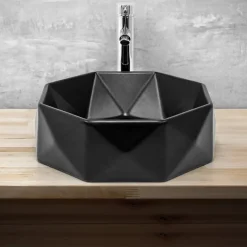 Waschbecken Diamantform ohne Überlauf Ø 42x13,5 cm Schwarz aus Keramik ML-Design-ECD Germany Discount