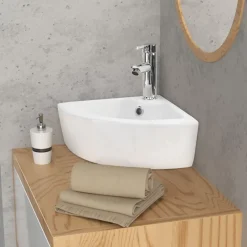 Waschbecken Dreieckig mit Überlauf 46x33x13 cm Weiß aus Keramik ML-Design-ECD Germany Discount