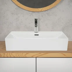 Waschbecken Eckig mit Überlauf 605x365x130 mm Weiß aus Keramik-ECD Germany Online