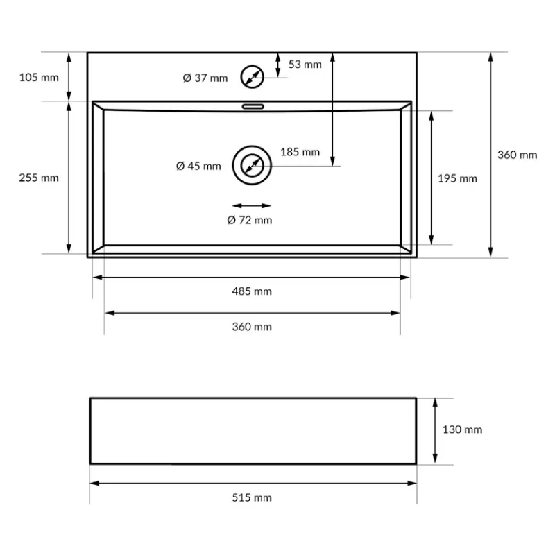 Waschbecken Eckig mit Überlauf 515x360x130 mm Weiß aus Keramik-ECD Germany