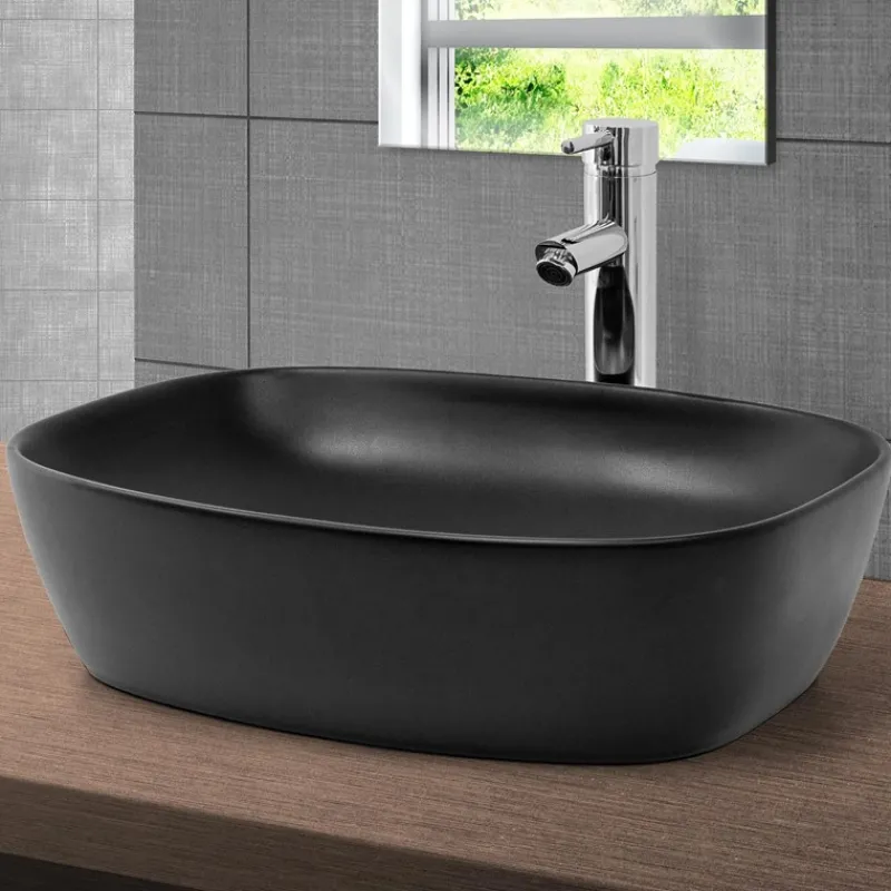 Waschbecken Eckig ohne Überlauf 50,5x38,5x14 cm Schwarz aus Keramik ML-Design-ECD Germany Best