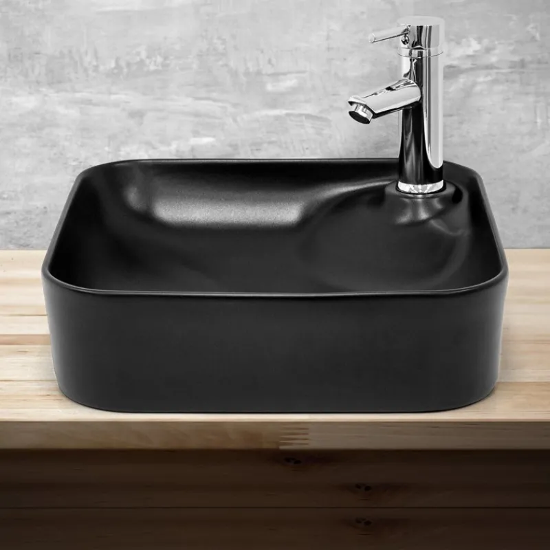 Waschbecken Eckig ohne Überlauf 43x43x12 cm Schwarz aus Keramik ML-Design-ECD Germany Outlet