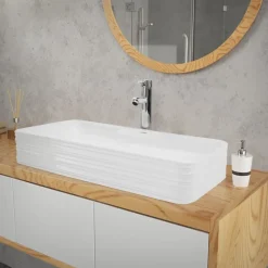 Waschbecken Eckigform ohne Überlauf 68x38x12 cm Weiß aus Keramik ML-Design-ECD Germany Outlet