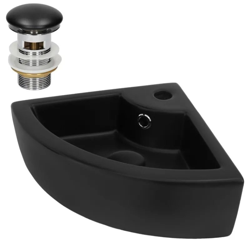 Waschbecken inkl. Ablaufagarnitur mit Überlauf 46x33x13 cm Schwarz aus Keramik ML-Design-ECD Germany