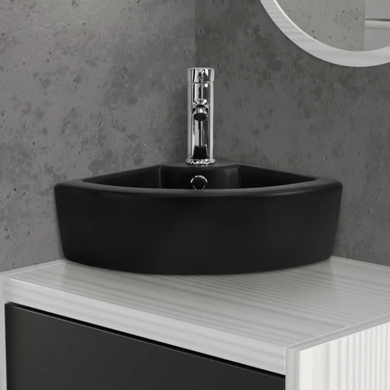 Waschbecken inkl. Ablaufagarnitur mit Überlauf 46x33x13 cm Schwarz aus Keramik ML-Design-ECD Germany