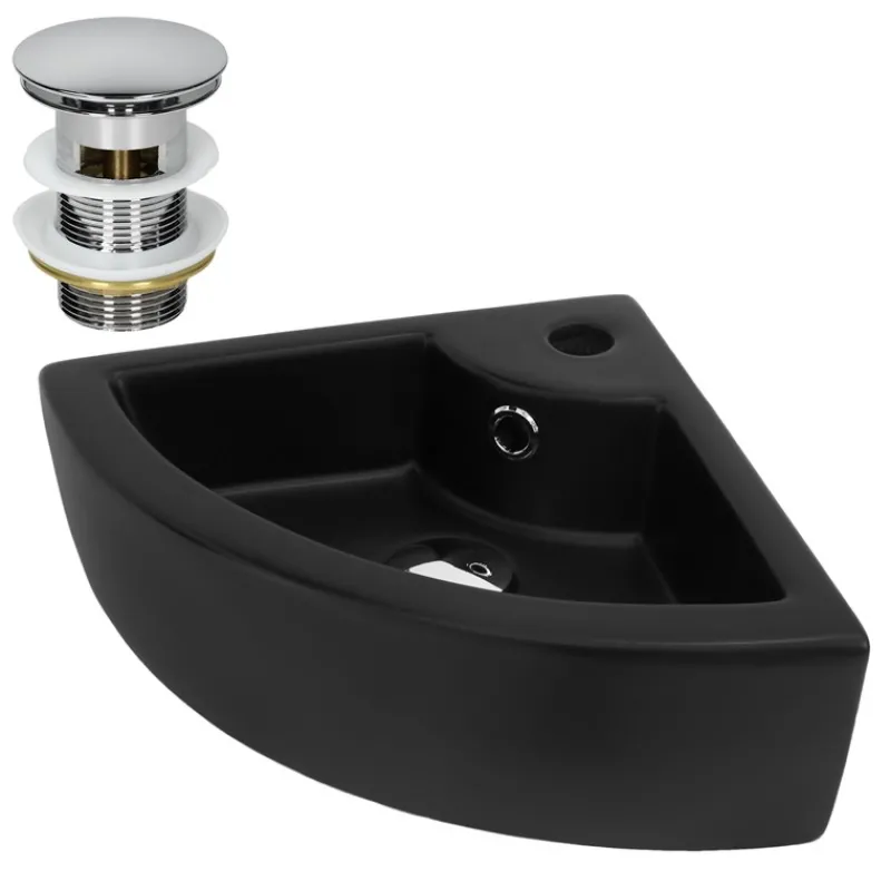 Waschbecken inkl. Ablaufagarnitur Silber mit Überlauf 46x33x13 cm Schwarz aus Keramik ML-Design-ECD Germany