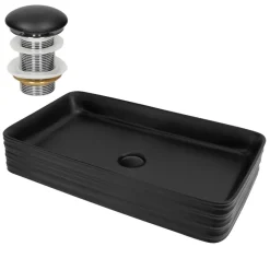 Waschbecken inkl. Ablaufganitur ohne Überlauf 68x38x12 cm Schwarz aus Keramik ML-Design-ECD Germany Clearance