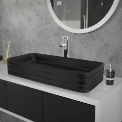 Waschbecken inkl. Ablaufganitur ohne Überlauf 68x38x12 cm Schwarz aus Keramik ML-Design-ECD Germany Clearance