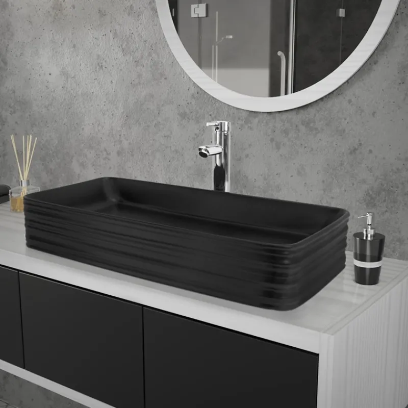 Waschbecken inkl. Ablaufganitur ohne Überlauf 68x38x12 cm Schwarz aus Keramik ML-Design-ECD Germany Clearance