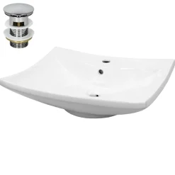 Waschbecken inkl. Ablaufgarnitur Silber mit Überlauf 60,5x46x16,5 cm Weiß aus Keramik-ECD Germany Discount