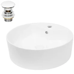 Waschbecken inkl. Ablaufgarnitur Weiß mit Überlauf Ø 46x15,5 cm Weiß aus Keramik-ECD Germany Discount