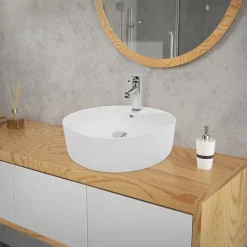 Waschbecken inkl. Ablaufgarnitur Weiß mit Überlauf Ø 46x15,5 cm Weiß aus Keramik-ECD Germany Discount