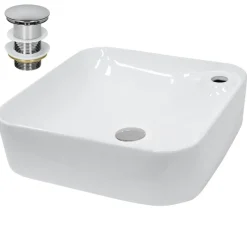Waschbecken inkl. Ablaufganitur Silber ohne Überlauf 43,5x43,5x12,5 cm Weiß aus Keramik-ECD Germany Sale