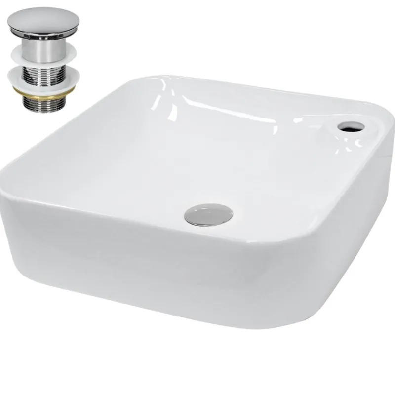 Waschbecken inkl. Ablaufganitur Silber ohne Überlauf 43,5x43,5x12,5 cm Weiß aus Keramik-ECD Germany Sale