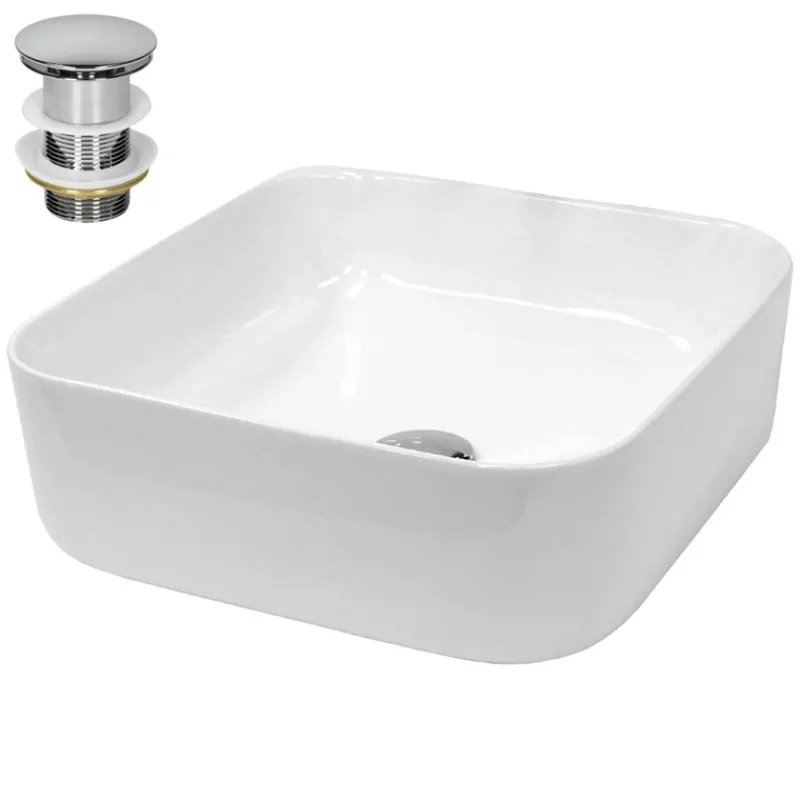 Waschbecken inkl. Ablaufgarnitur Silber ohne Überlauf 39x39x14 cm Weiß aus Keramik-ECD Germany Hot