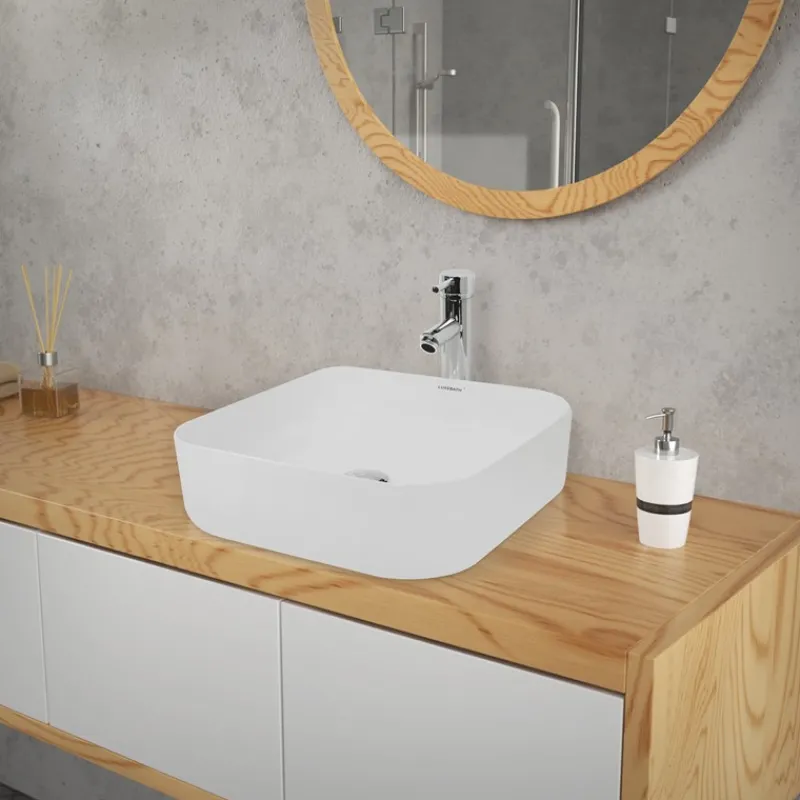 Waschbecken inkl. Ablaufgarnitur Silber ohne Überlauf 39x39x14 cm Weiß aus Keramik-ECD Germany Hot