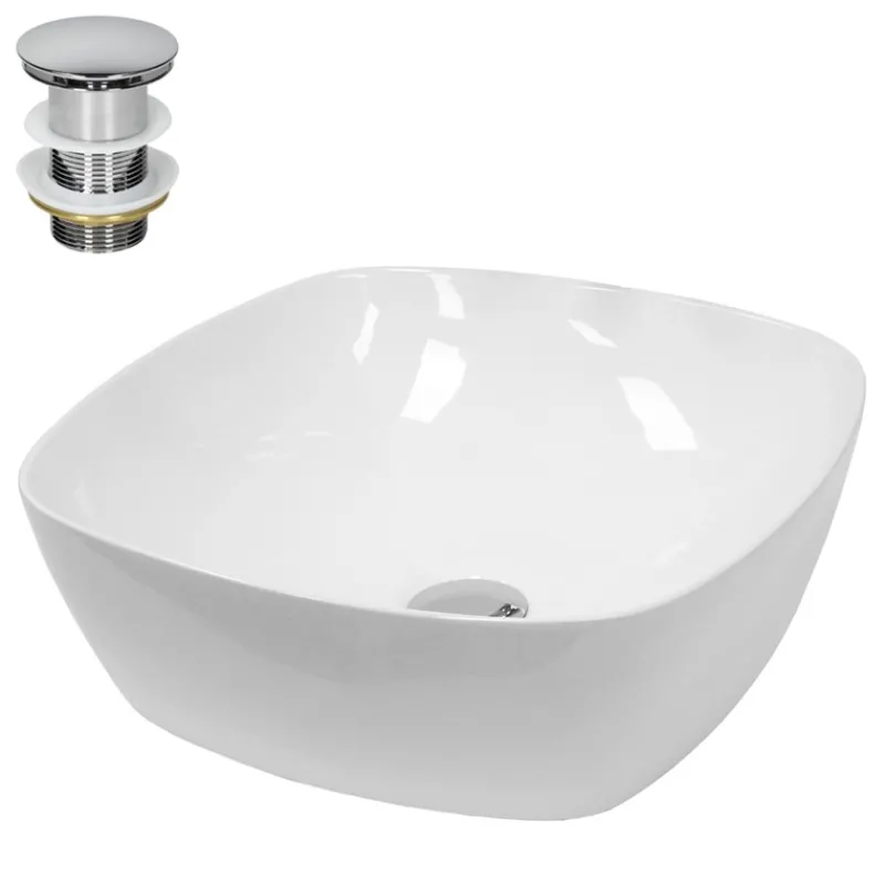 Waschbecken inkl. Ablaufgarnitur Silber ohne Überlauf Ø 40,5x14 cm Weiß aus Keramik-ECD Germany Hot