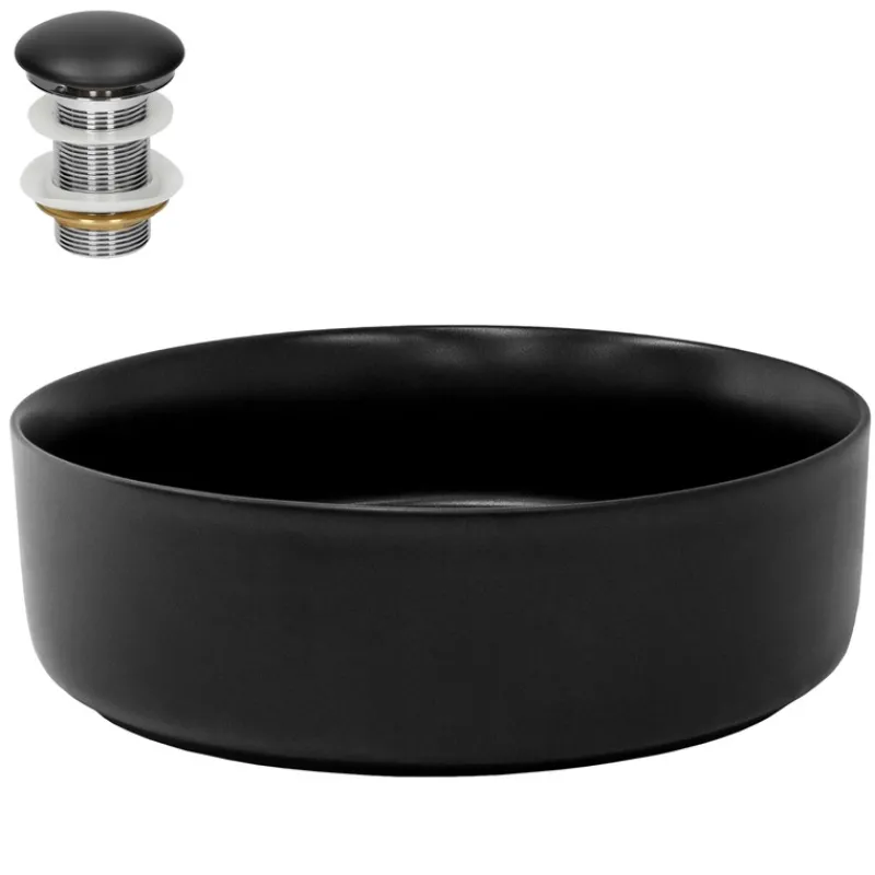 Waschbecken inkl. Ablaufgarnitur Schwarz ohne Überlauf Ø 36x12 cm Schwarz aus Keramik ML-Design-ECD Germany New