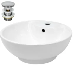 Waschbecken inkl. Ablaufgarnitur Silber mit Überlauf Ø 45,5x18,5 cm Weiß aus Keramik-ECD Germany Discount