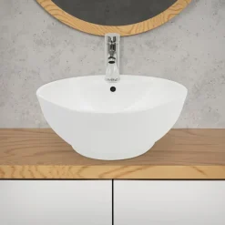 Waschbecken inkl. Ablaufgarnitur Silber mit Überlauf Ø 45,5x18,5 cm Weiß aus Keramik-ECD Germany Discount