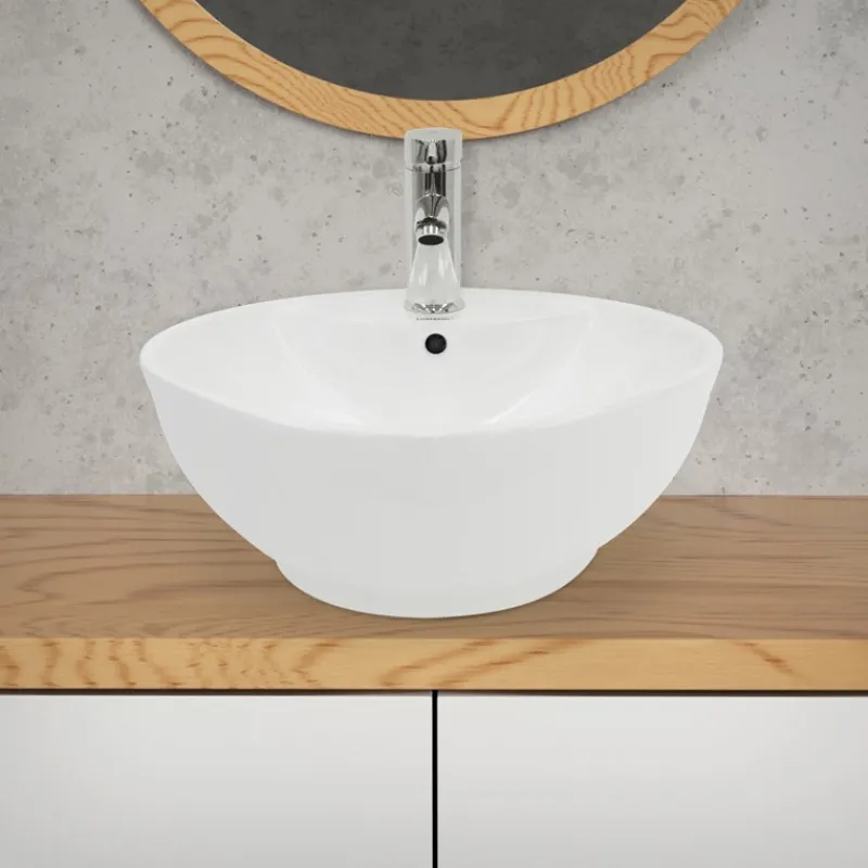 Waschbecken inkl. Ablaufgarnitur Silber mit Überlauf Ø 45,5x18,5 cm Weiß aus Keramik-ECD Germany Discount