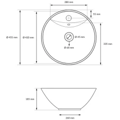 Waschbecken inkl. Ablaufgarnitur Silber mit Überlauf Ø 45,5x18,5 cm Weiß aus Keramik-ECD Germany Discount