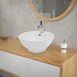 Waschbecken inkl. Ablaufgarnitur Silber mit Überlauf Ø 45,5x18,5 cm Weiß aus Keramik-ECD Germany Discount